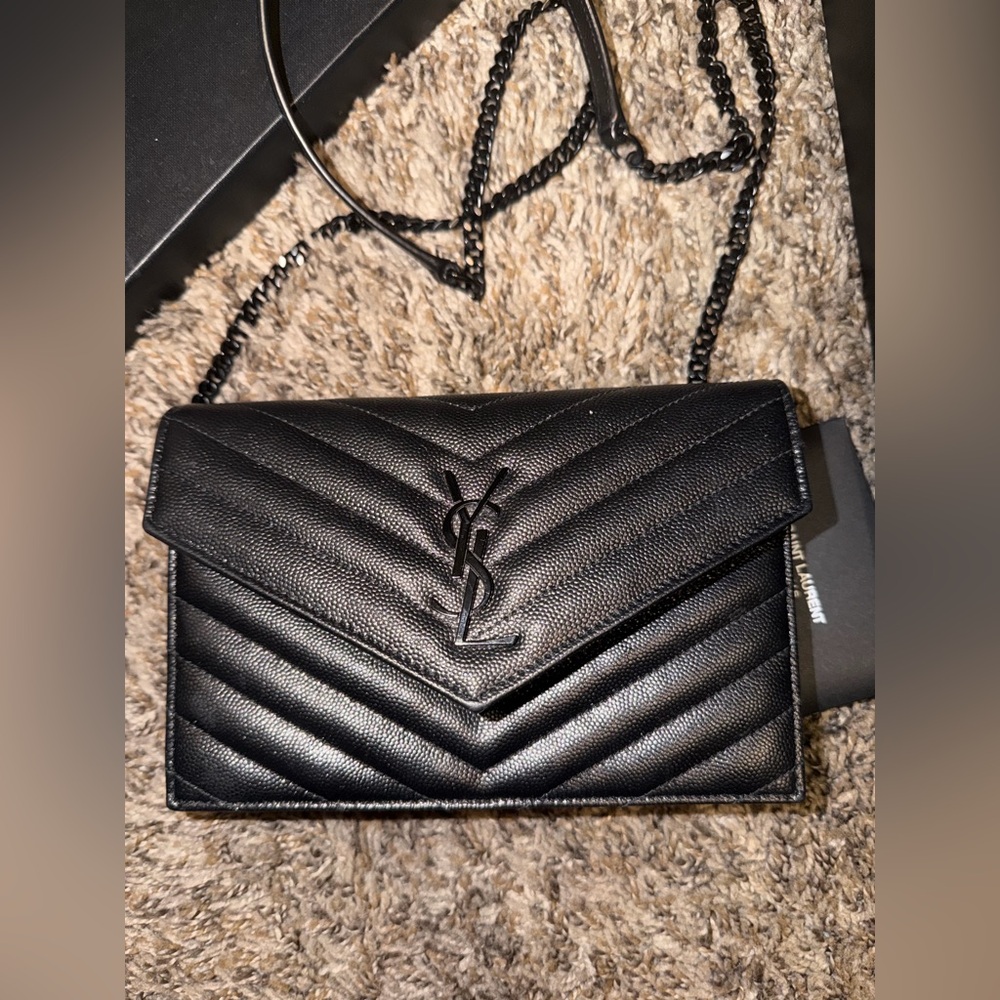 Yves Saint Laurent Black Chevron Wallet on Chain (WOC)